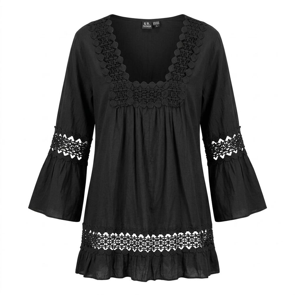 S.R. Fashion Crochet Lace Bell Sleeve Ruffle Tunic Blouse Women Size L